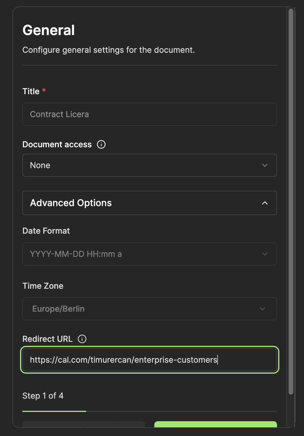 Redirect Link in Advanced Settings