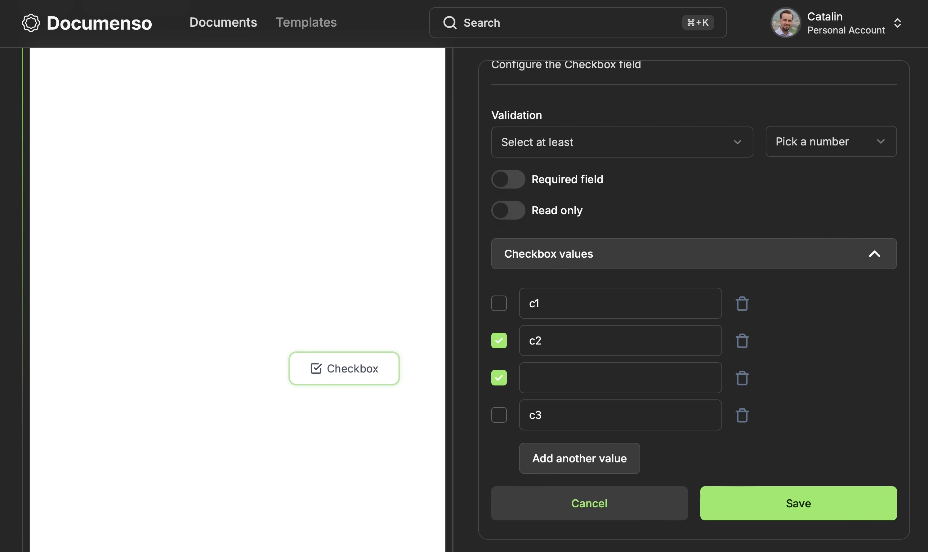 The advanced settings tab for the checkbox field in the Redoc document editor