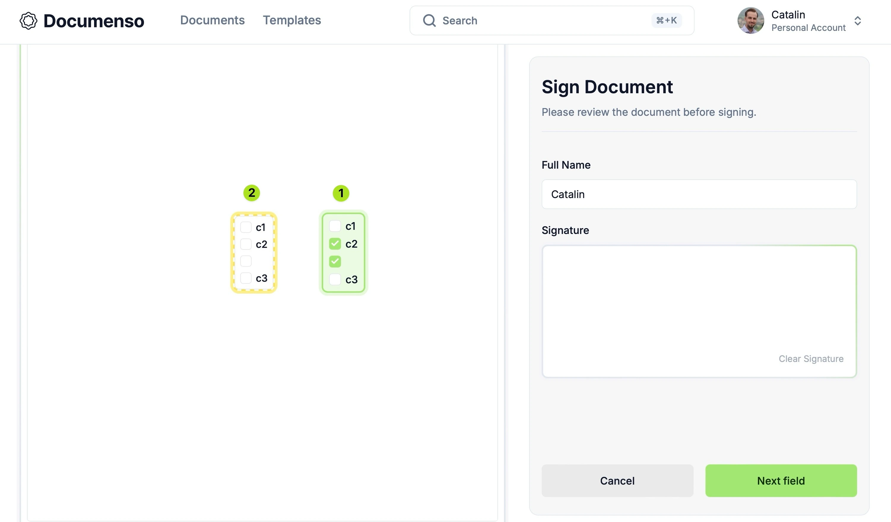 The checkbox field on the Redoc document signing page