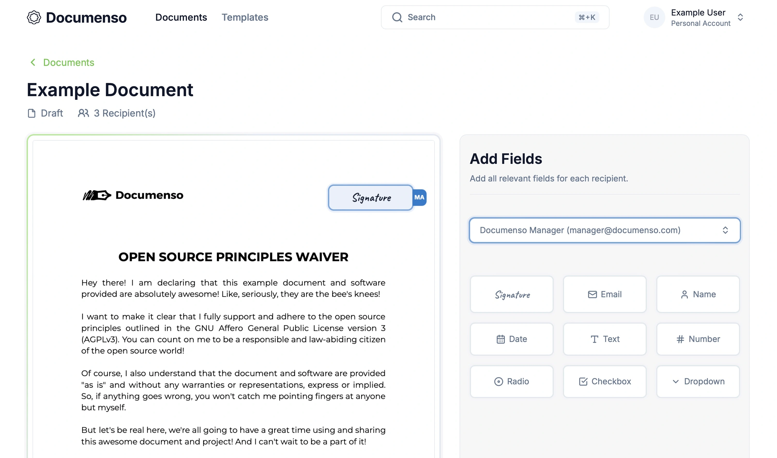 Screenshot illustrating the active state for a field on the Redoc document editor page