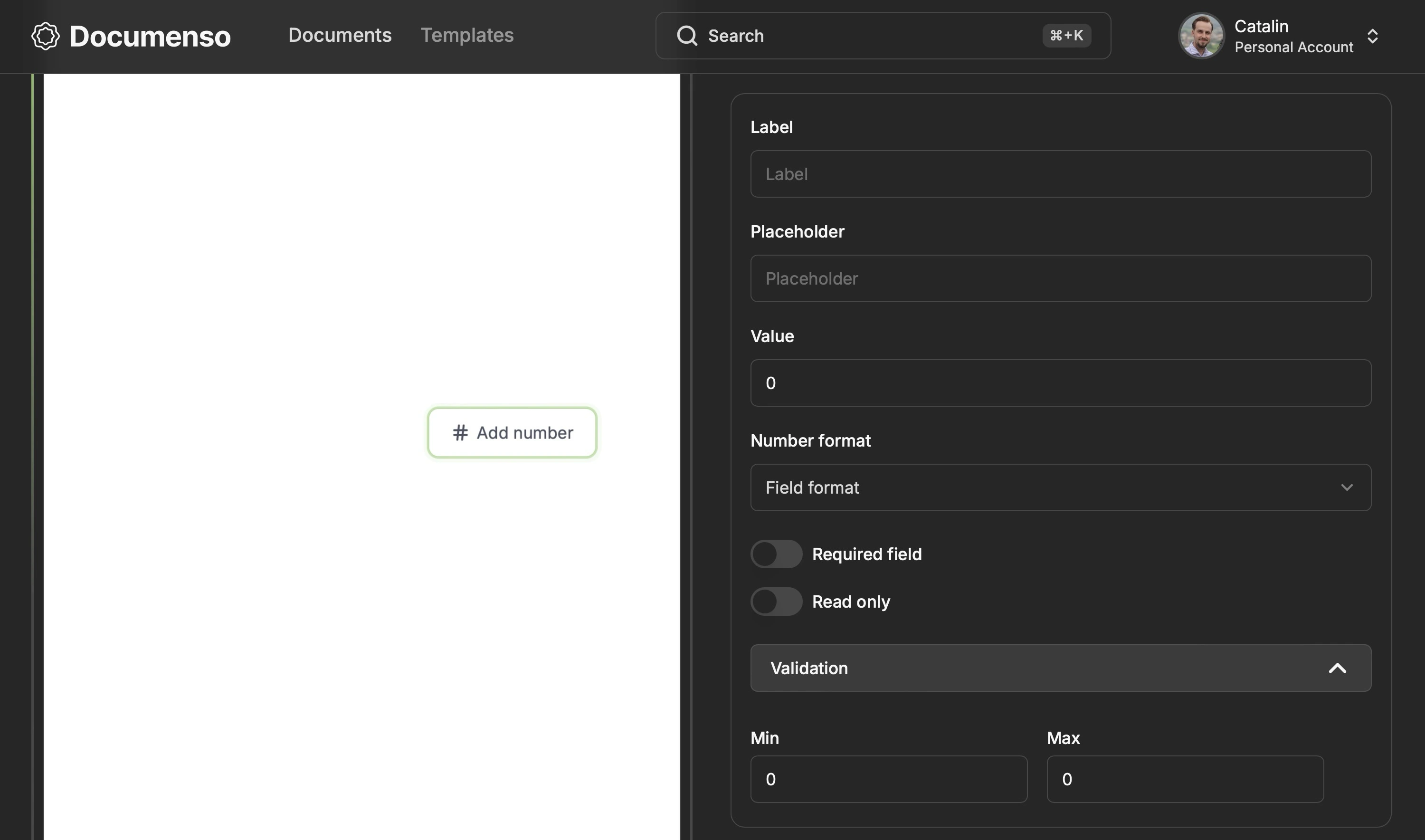 The advanced settings tab for the number field on the Redoc document editor page