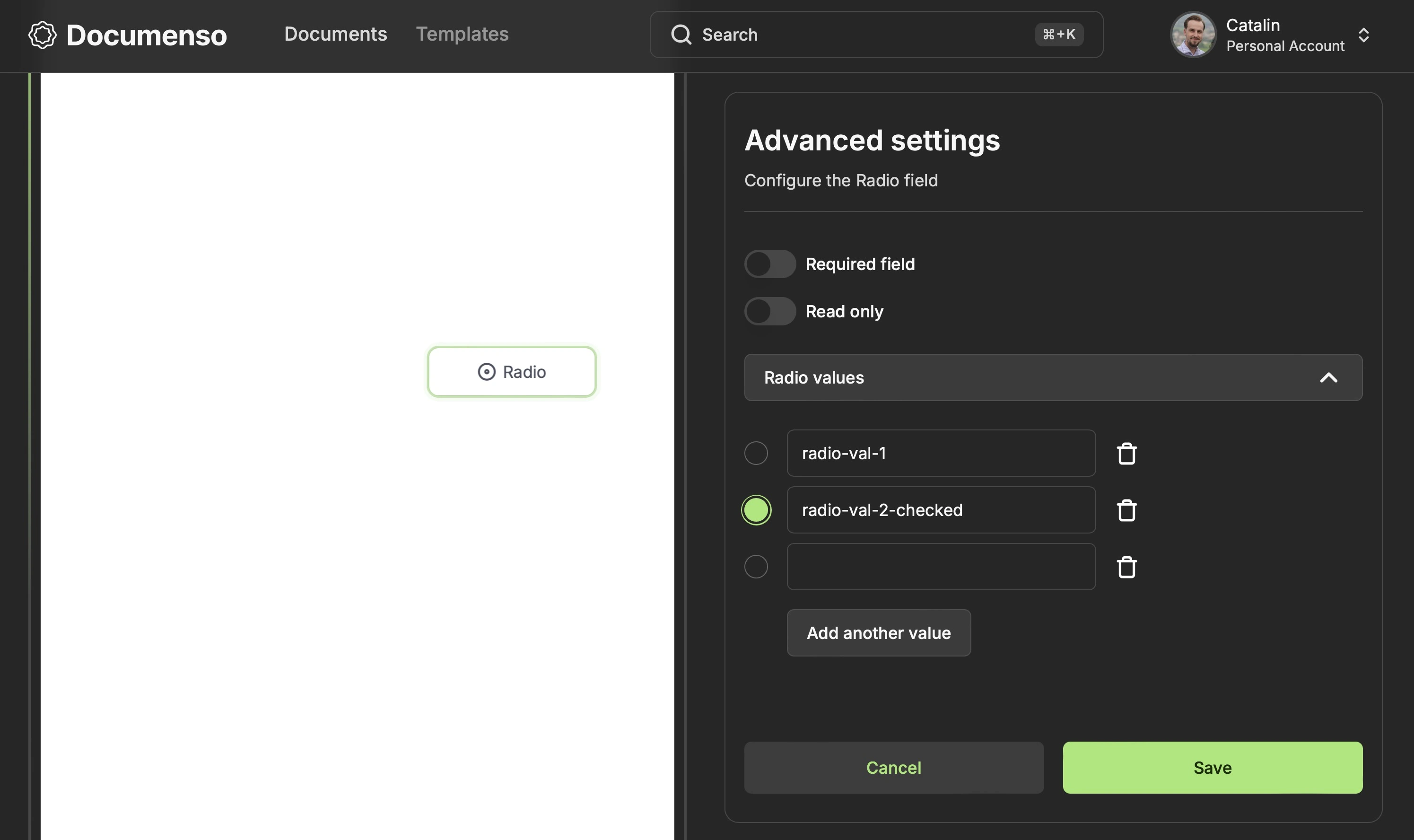 The advanced settings tab for the radio field in the Redoc document editor