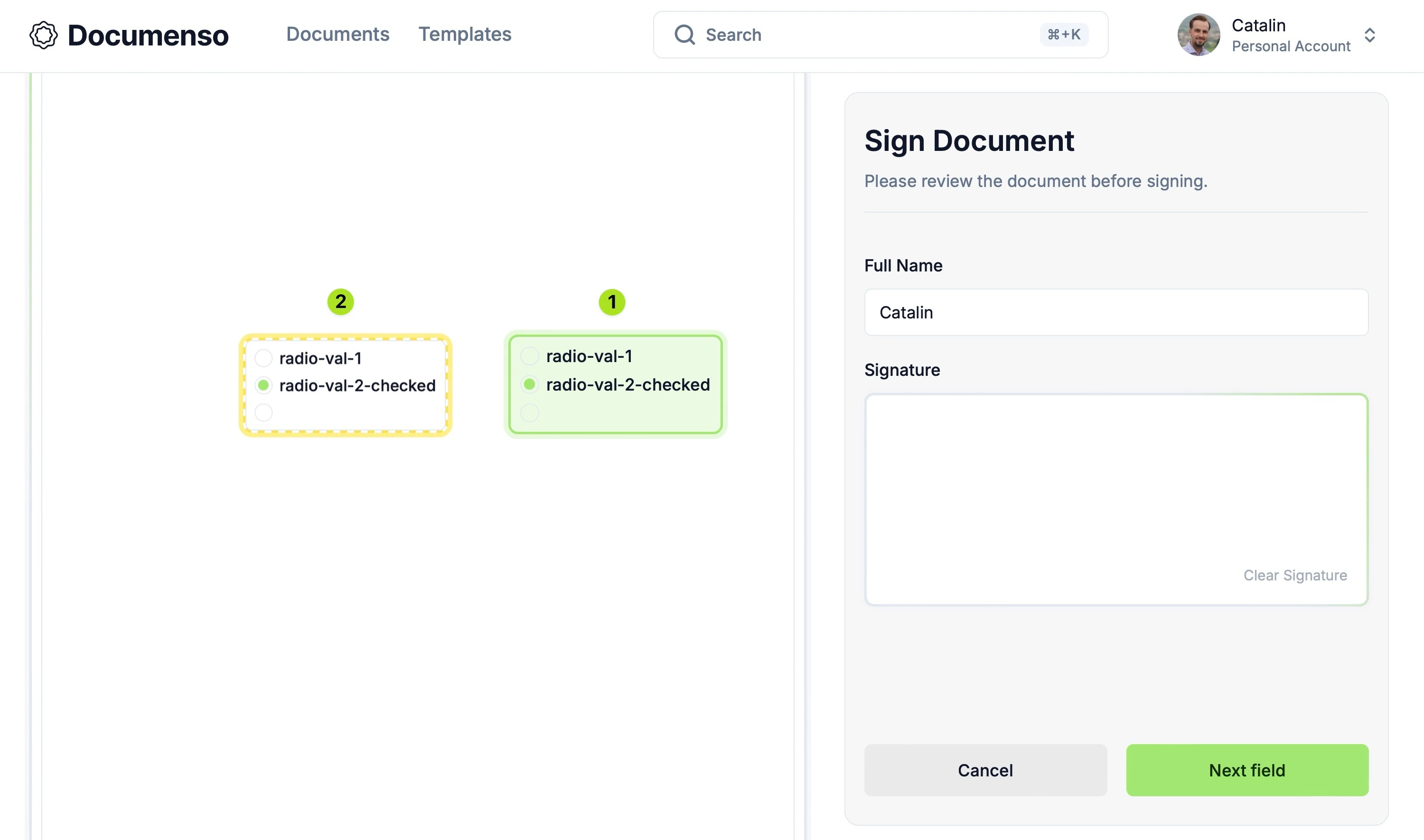 The radio signing field on the Redoc signing page