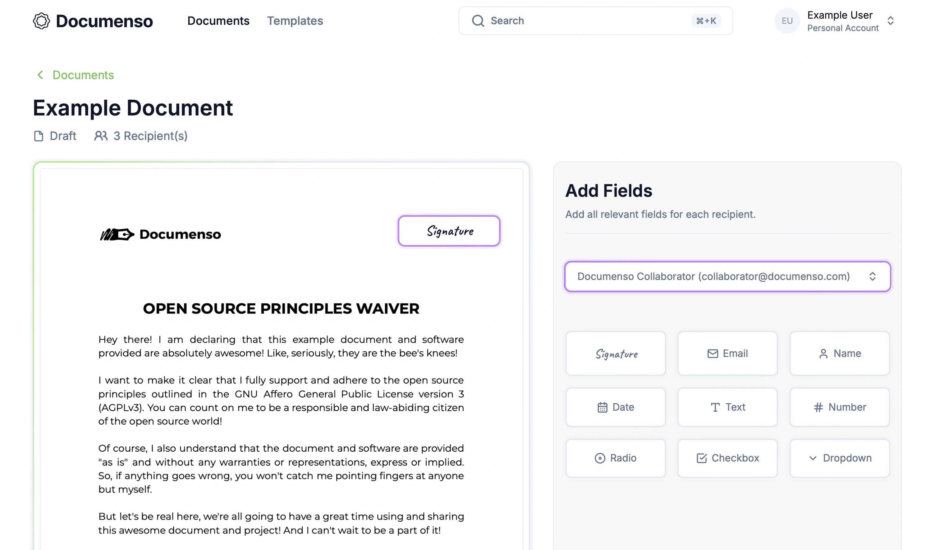 Screenshot illustrating the fields for a signer on the Redoc document editor page