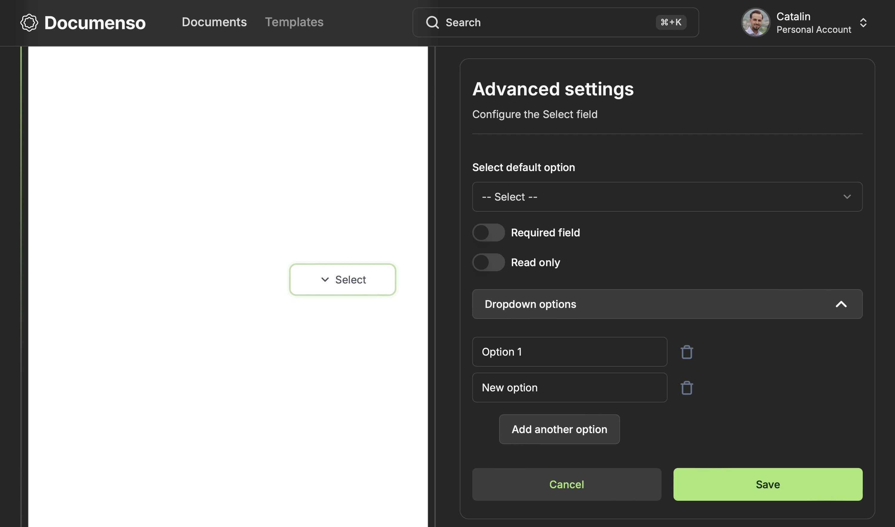 The advanced settings tab for the select field in the Redoc document editor