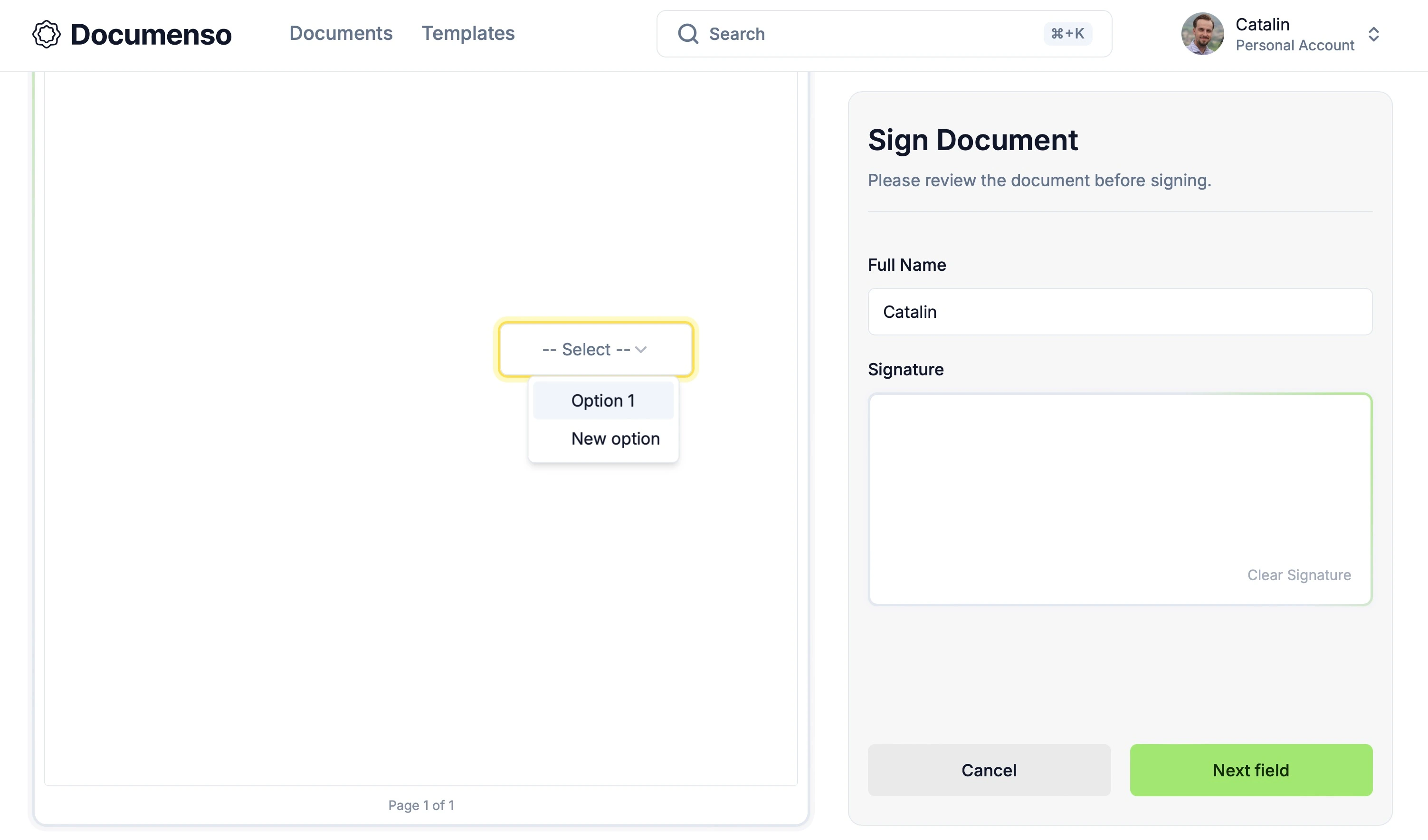 The select field on the Redoc document signing page