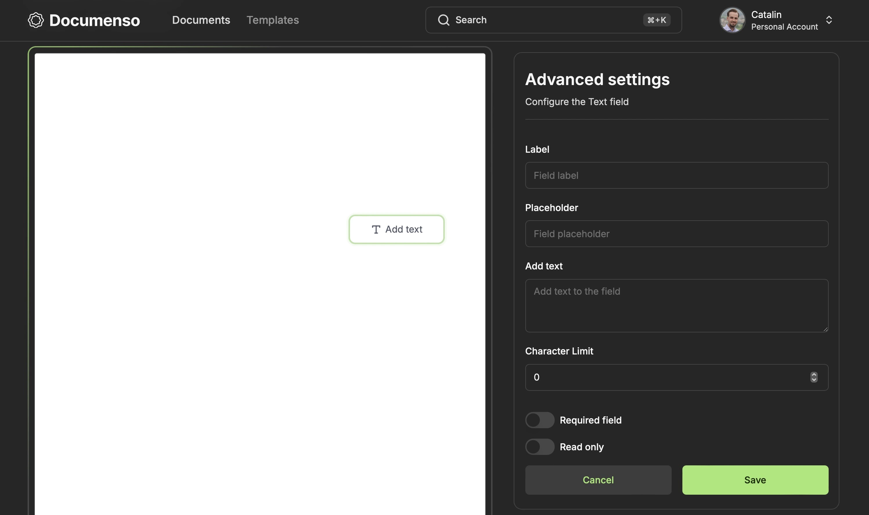 The advanced settings tab for the text field in the Redoc document editor