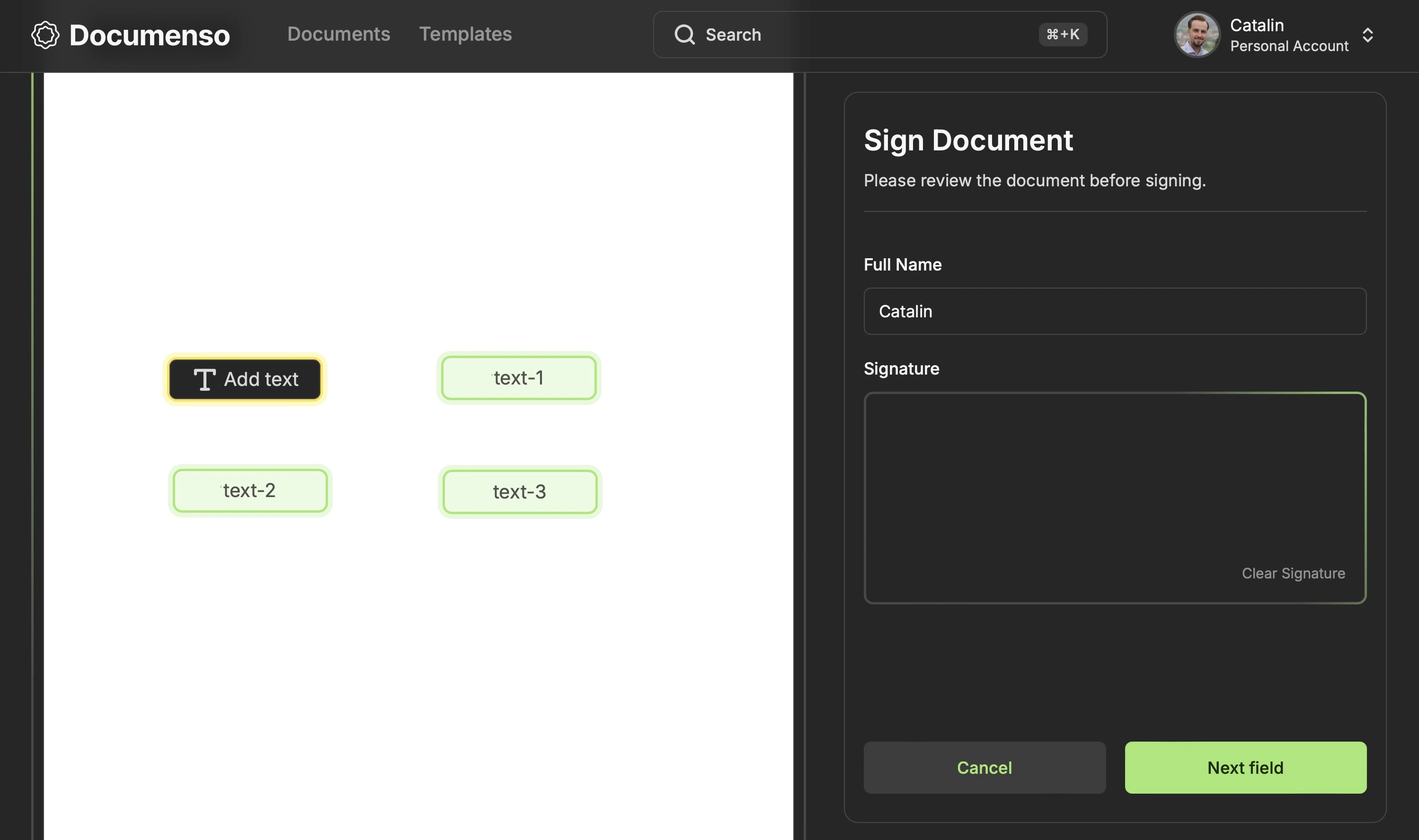 The text signing field on the Redoc signing page